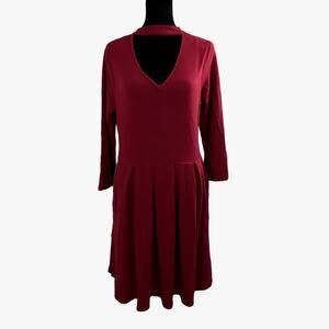 Burgundy Choker Collar Drop Waist Tunic Dress Pleated With Pockets Size Small